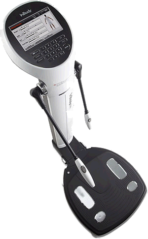 The InBody 570 body-composition analyzer — white column with touchscreen display, hand electrodes and a dark foot platform.